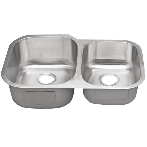 Double Bowl Kitchen Sink, Under Mount, 31-1/2 x 20-1/2 in, Bowl Depths: 9 in Left, 7 in Right, 16 ga Satin Steel, Stainless