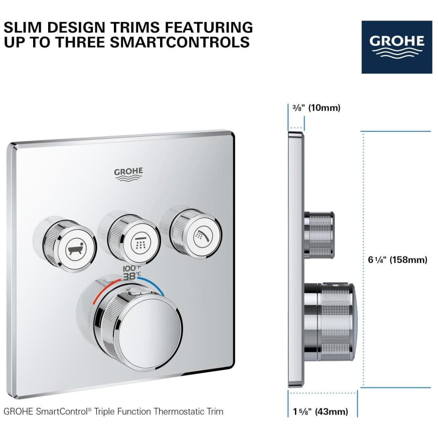 Grohtherm Three Function Thermostatic Valve Trim Only with Four Knob / Push Button Handles, Integrated Diverter, and Volume Control - Less Rough In