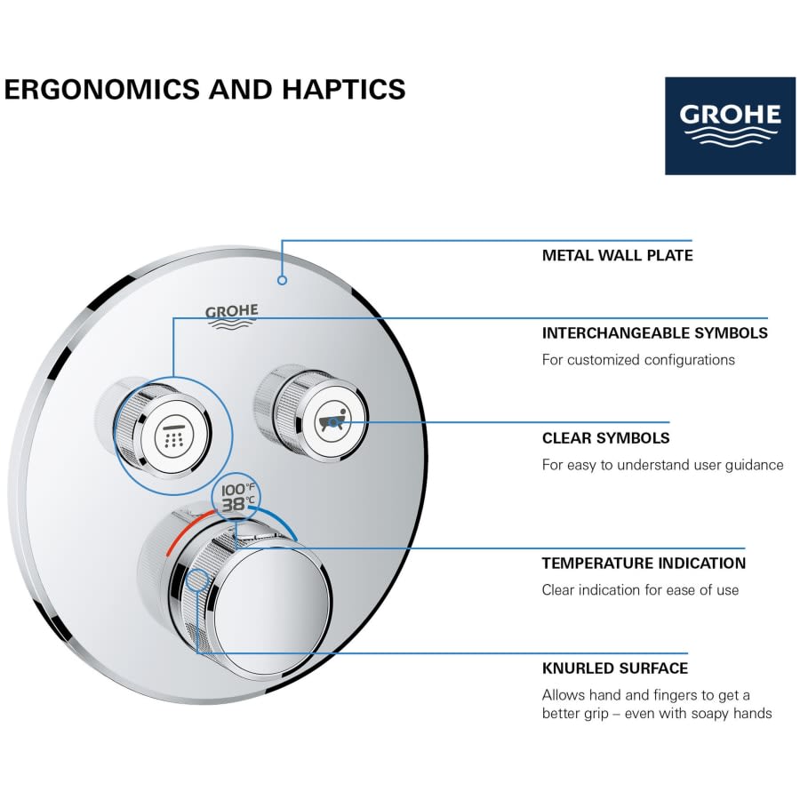 Grohtherm Dual Function Thermostatic Valve Trim Only with Triple Knob Handles and Volume Control - Less Rough In