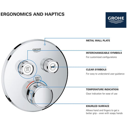 Grohtherm Dual Function Thermostatic Valve Trim Only with Triple Knob Handles and Volume Control - Less Rough In