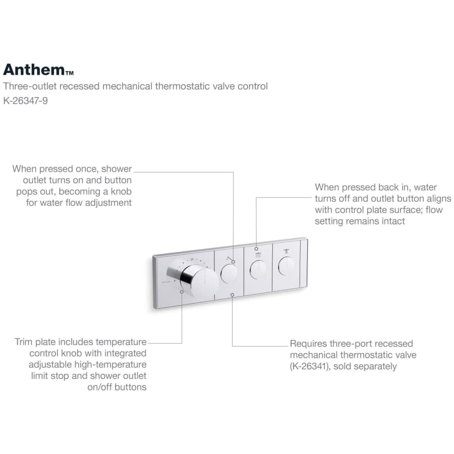 Anthem Three Function Thermostatic Valve Trim Only with Single Knob Handle, Integrated Diverter, and Volume Control - Less Rough In