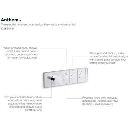 Anthem Three Function Thermostatic Valve Trim Only with Single Knob Handle, Integrated Diverter, and Volume Control - Less Rough In