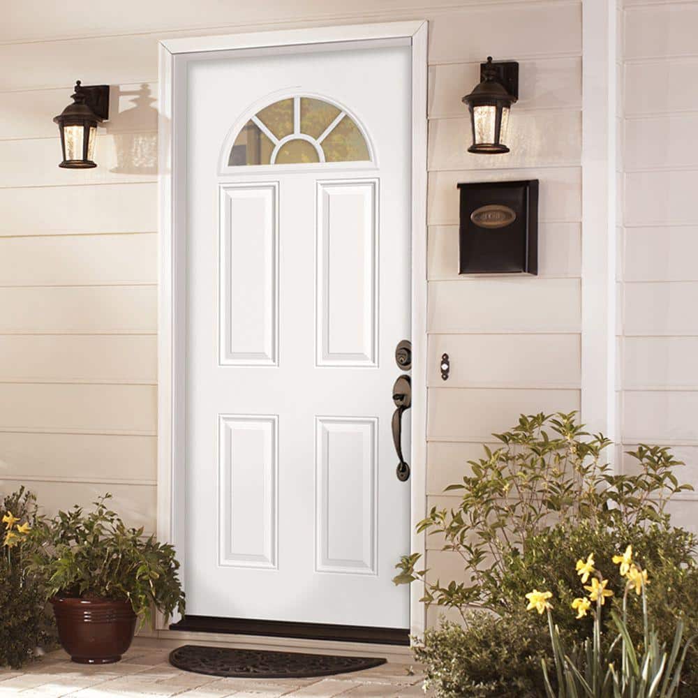 36 in. x 80 in. Premium Fan Lite Right-Hand Inswing Primed Steel Prehung Front Exterior Door with Brickmold