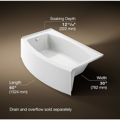 Expanse Bath Tub 60" x 30" - 36" Acrylic Soaking for Three Wall Alcove Installations with Integral Curved Apron and Left Drain
