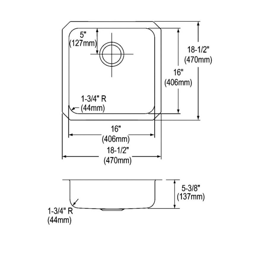 Lustertone™ Classic Single Bowl Kitchen Sink, Under Mount, ADA, 18-1/2 x 18-1/2 in, 5-3/8 in Bowl Depth, 18 ga Lustrous Satin Steel, Stainless