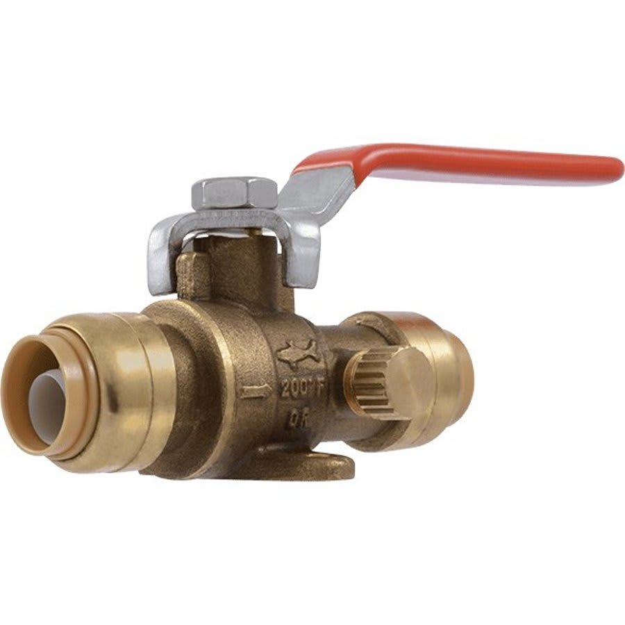 1-Piece Ball Valve With Drain, 1/2 in, Push, Full Port, Plated Brass Ball, Brass