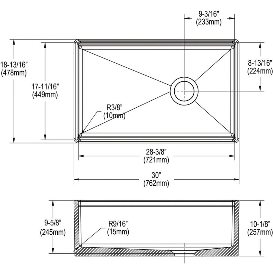 Single Bowl Kitchen Sink, Apron Mount, 30 x 18-13/16 in, 9-5/8 in Bowl Depth, Fireclay, White