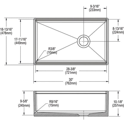 Single Bowl Kitchen Sink, Apron Mount, 30 x 18-13/16 in, 9-5/8 in Bowl Depth, Fireclay, White