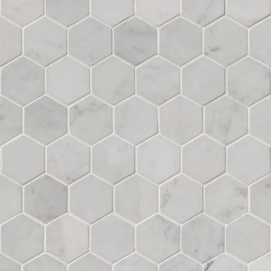 Carrara White Polished 2" Hexagon Mosaic Tile