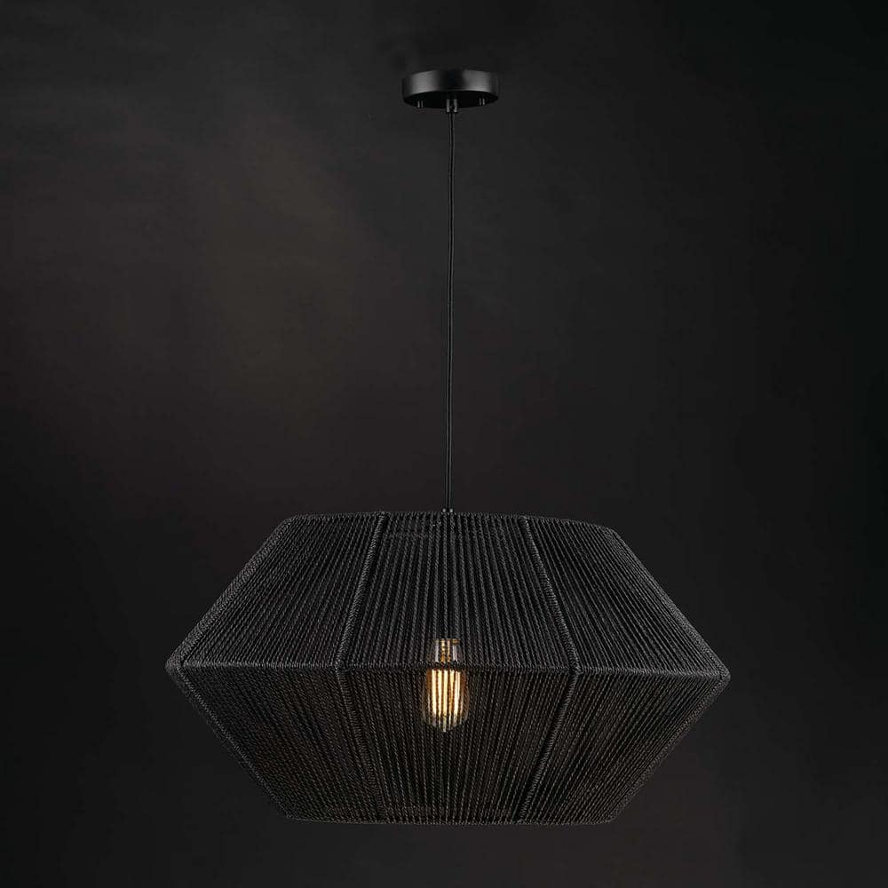 Terra 1-Light Matte Black Chandelier with Natural Twine Shade and Designer Black Cloth Hanging Cord