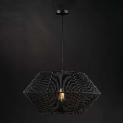 Terra 1-Light Matte Black Chandelier with Natural Twine Shade and Designer Black Cloth Hanging Cord