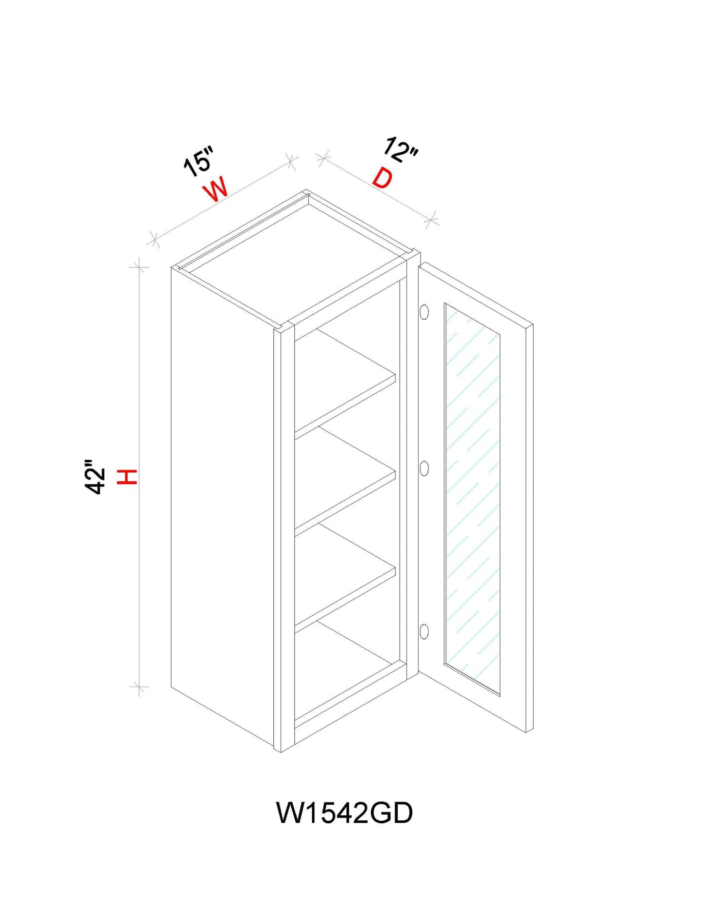 Wall Cabinet - 15"W x 42"H x 12"D Glass Door Only