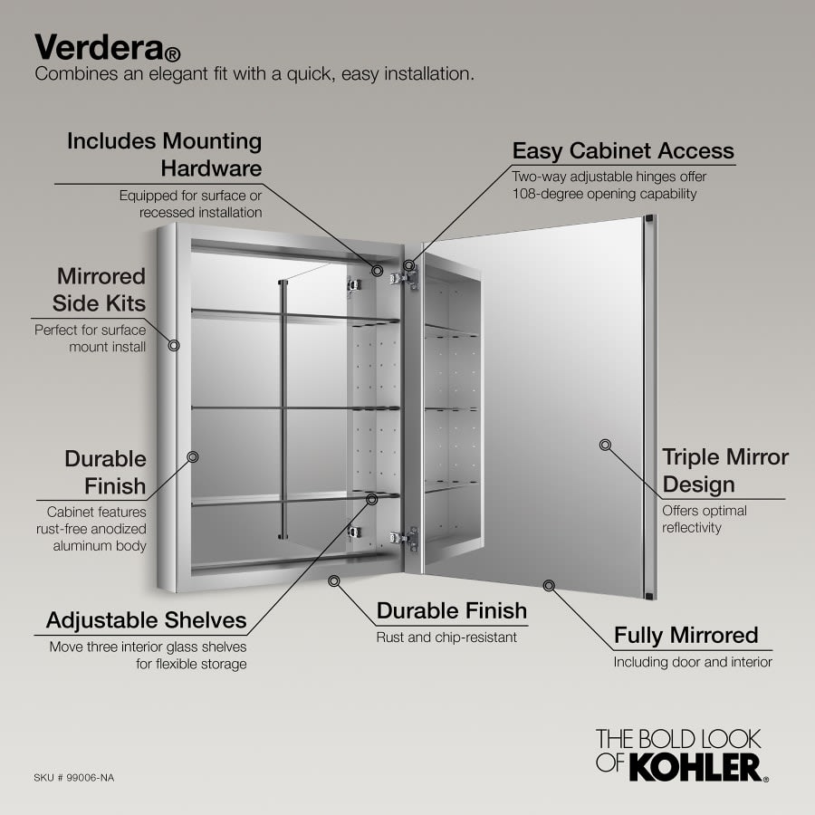 Verdera 30" x 24" Single Door Frameless Medicine Cabinet with Triple Mirror Design and Two-Way Adjustable Hinges