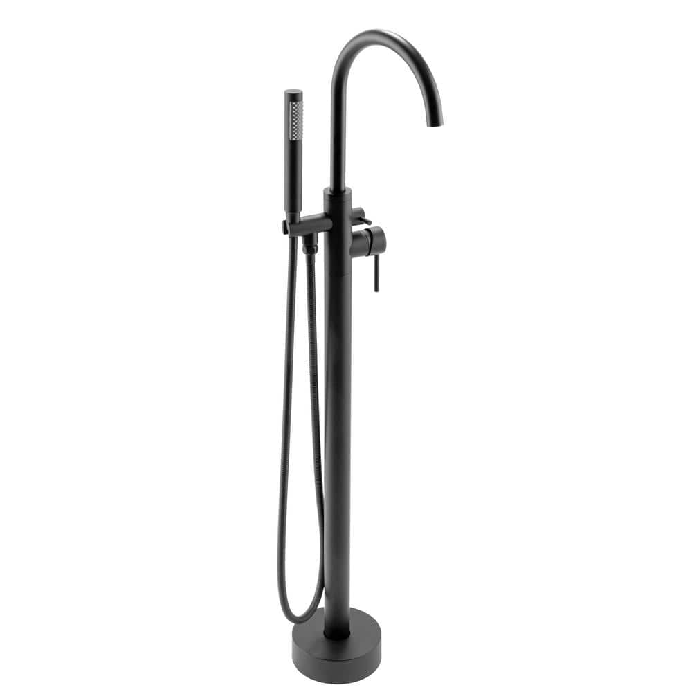 1-Handle Freestanding Floor Mount Tub Faucet Bathtub Filler with Hand Shower in Matte Black