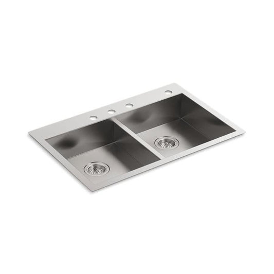 Vault™ Double Bowl Kitchen Sink, Top/Under Mount, ADA, 33 x 22 in, 6-5/16 in Bowl Depth, 4-Hole, 18 ga Satin Steel, Stainless