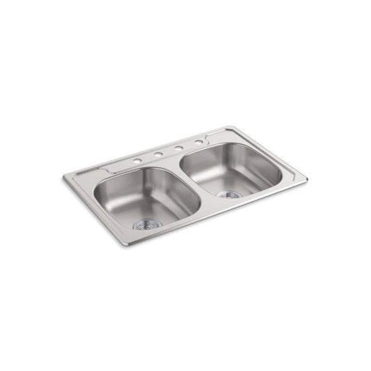 Middleton® Double Bowl Kitchen Sink, Top Mount, ADA, 33 x 22 in, 6 in Bowl Depth, 4-Hole, 20 ga Luster Steel, Stainless