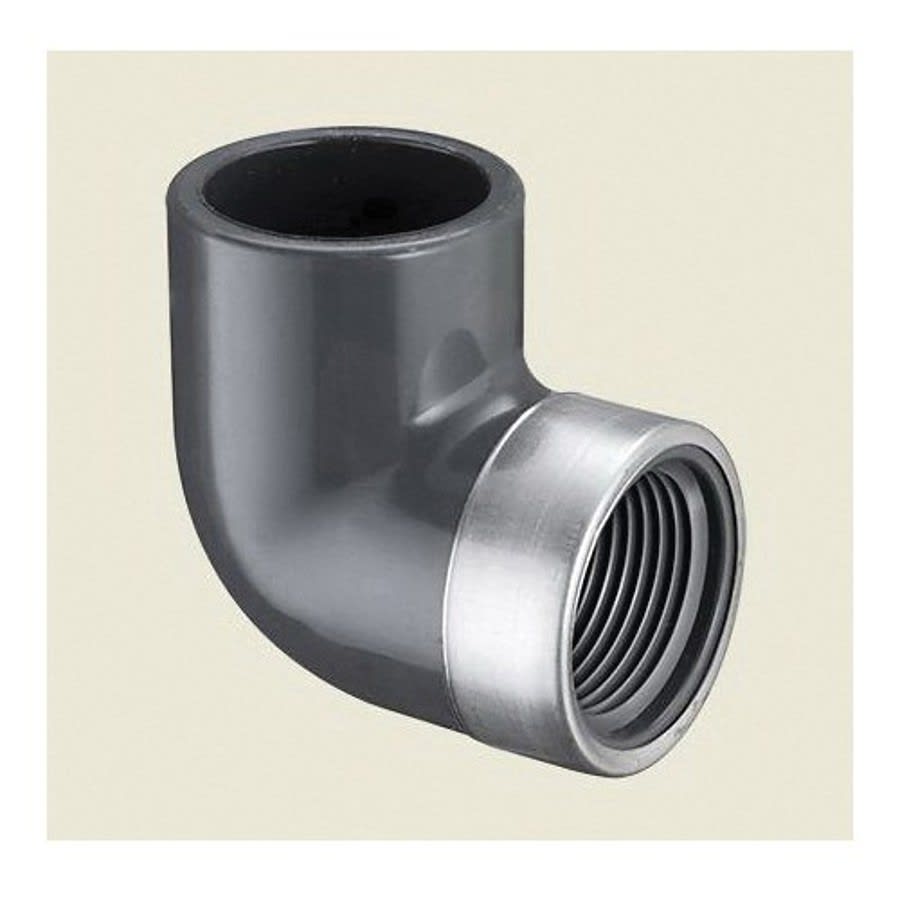 90 deg Elbow, 1/2 in, Socket x Stainless Steel Reinforced FNPT, SCH 80/XH, PVC