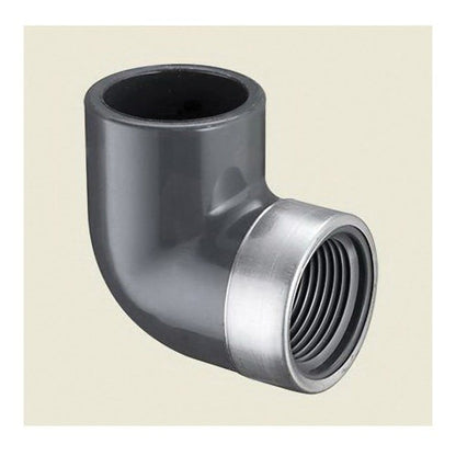 90 deg Elbow, 1/2 in, Socket x Stainless Steel Reinforced FNPT, SCH 80/XH, PVC