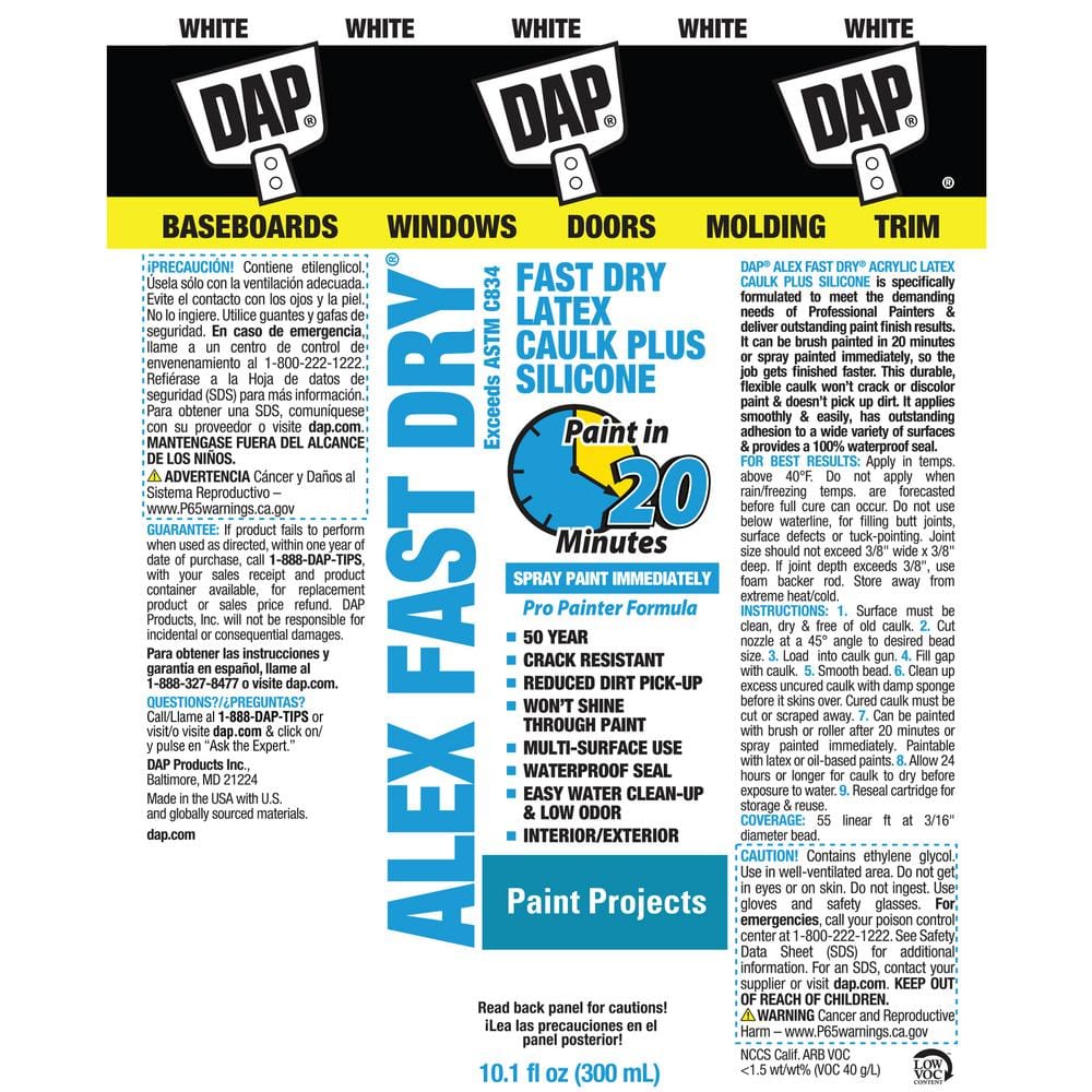 DAP Alex Fast Dry 10.1 oz. White Acrylic Latex Plus Silicone Caulk