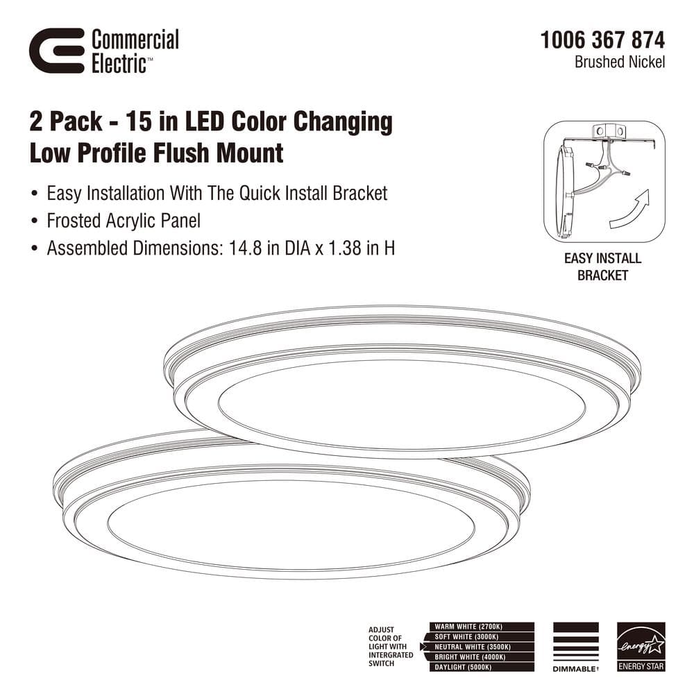 15 in. Brushed Nickel 5-CCT LED Round Flush Mount, Low Profile Ceiling Light (2-Pack)