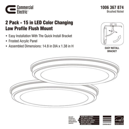 15 in. Brushed Nickel 5-CCT LED Round Flush Mount, Low Profile Ceiling Light (2-Pack)