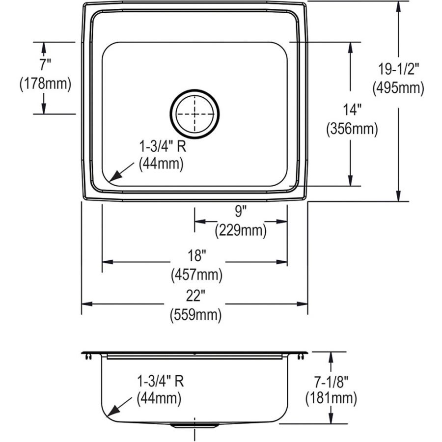Celebrity Single Bowl Kitchen Sink, Top Mount, 22 x 19-1/2 in, 7 in Bowl Depth, 3-Hole, 20 ga Brushed Satin Steel, Stainless
