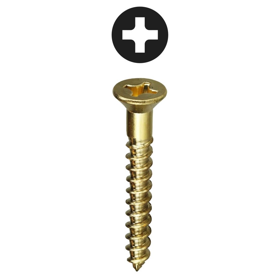 Wood Screw, #12, 1-1/2 in L, Phillips Drive, Brass