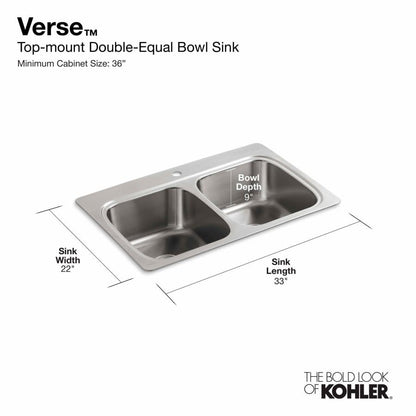 Verse 33" Double Basin Drop In Stainless Steel Kitchen Sink With Three Faucet Holes