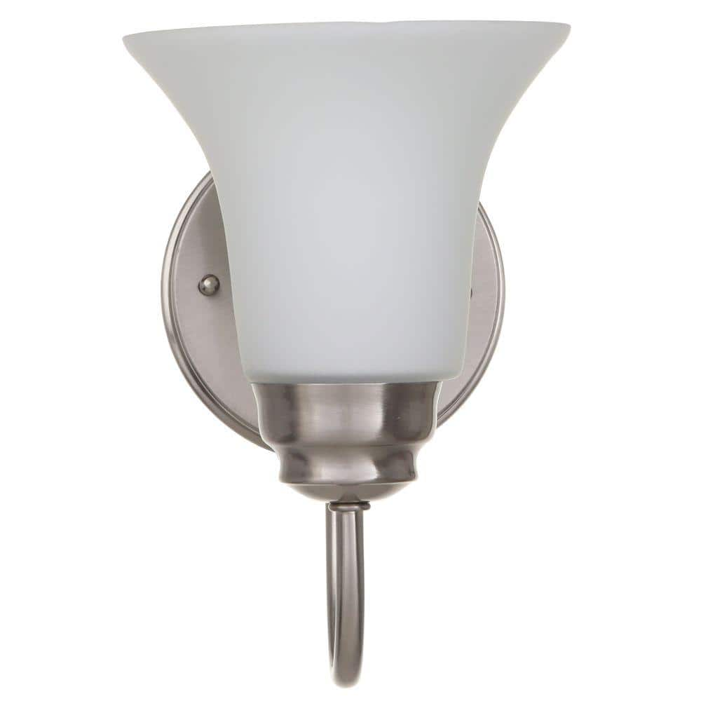 1-Light Brushed Nickel Sconce with Frosted White Glass Shade