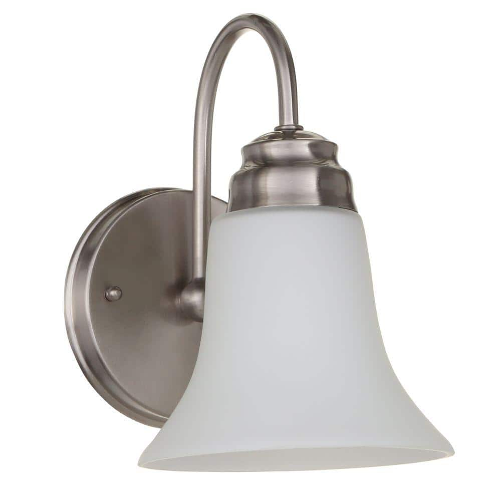 1-Light Brushed Nickel Sconce with Frosted White Glass Shade