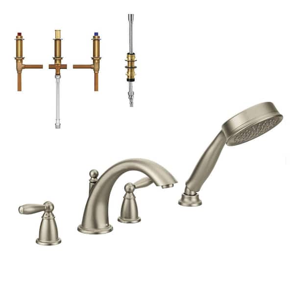 MOEN Brantford 2-Handle Deck-Mount Roman Tub Faucet with Handshower in Brushed Nickel (Valve Included) T924BN-9792