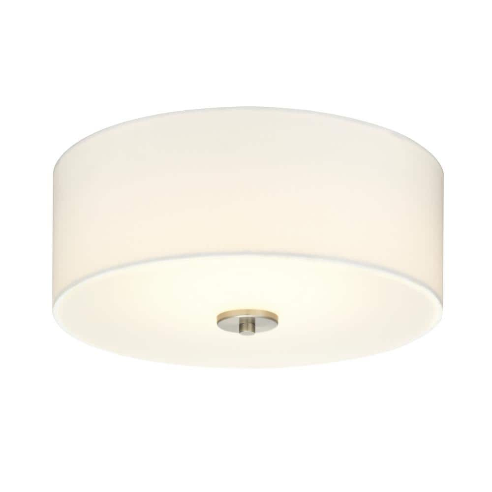 Inspire Collection 13 in. Transitional Brushed Nickel LED Bedroom Drum Shade Ceiling Light with White Linen Shade