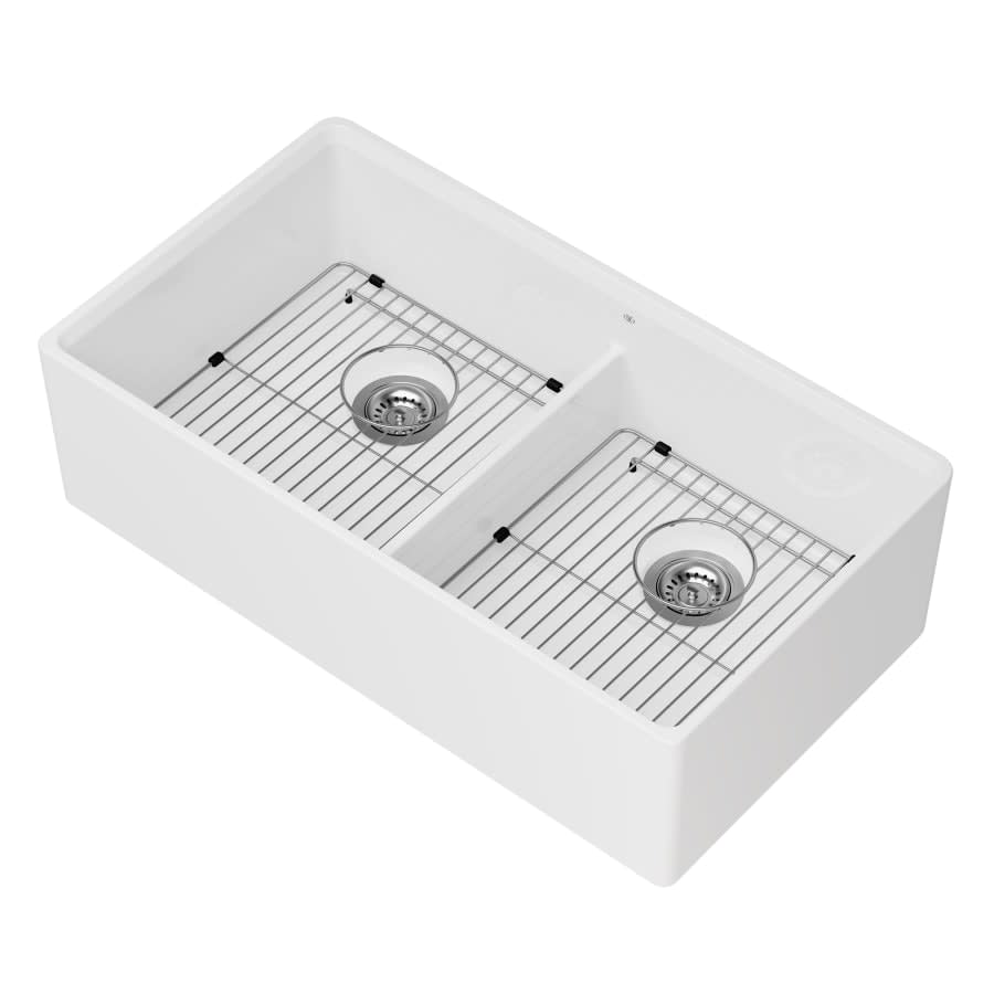 Etre 35-3/4" Farmhouse, Undermount Double Basin Fireclay Kitchen Sink with Basin Rack, and Basket Strainer