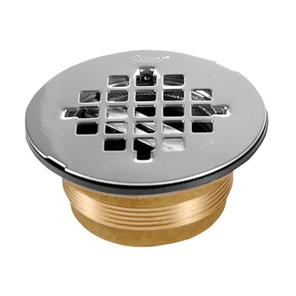 2 in Brass No-Caulk Shower Drain with Round Stainless Steel Strainer