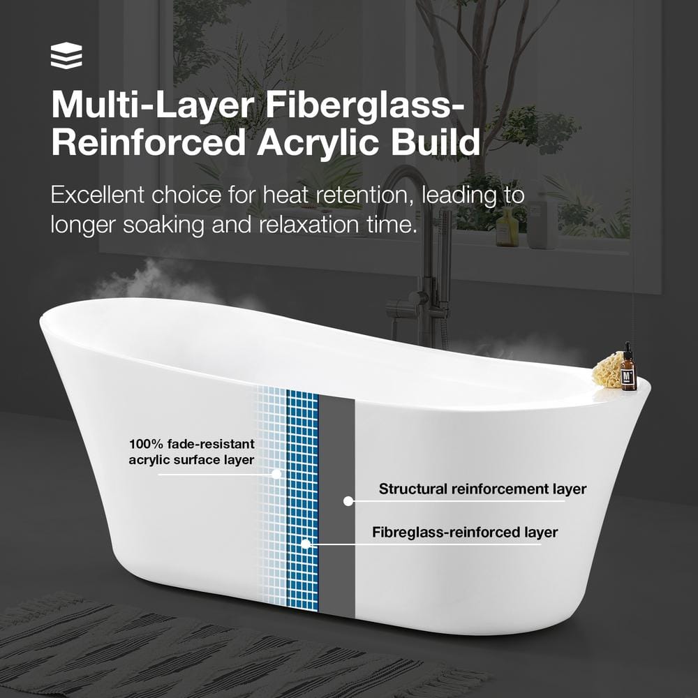 Coniston 60 in. Acrylic Freestanding Flatbottom Bathtub in White with Overflow and Drain in Brushed Nickel Included