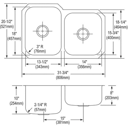 Dayton® Double Bowl Kitchen Sink, Under Mount, 31-3/4 x 20-1/2 in, Bowl Depths: 10 in Left, 8 in Right, 18 ga Radiant Satin Steel, Stainless