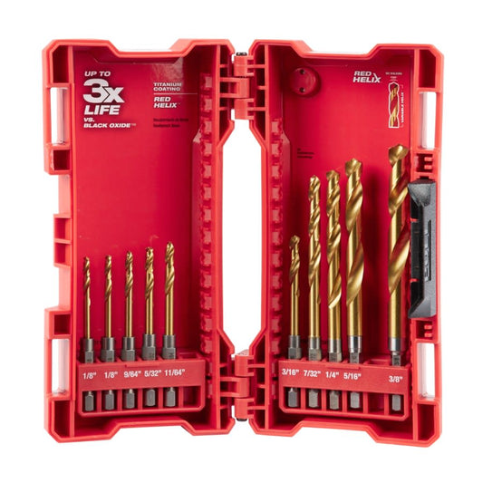 RED HELIX™ SHOCKWAVE™ Drill Bit Set, 1-9/64 in, Min Drill Bit, 2-1/8 in, Max Drill Bit, 135 deg Drill Point Angle, 10 Pieces, Titanium Coated