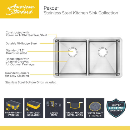 Pekoe 35" Double Basin Stainless Steel Kitchen Sink for Undermount Installations - Drains Included