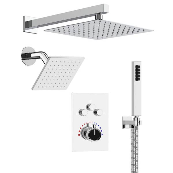 YAWWALK Thermostatic 7-Spray 12 in. and 6 in. Wall Mount Shower System with Hand Shower 2.5 GPM in Chrome(Valve Included) CR1-S003A-12CI-1
