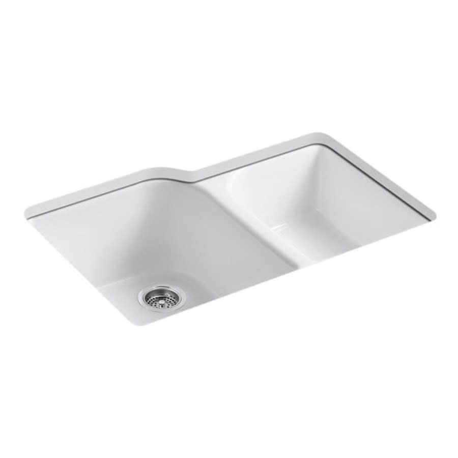 Executive Chef™ Double Bowl Kitchen Sink, Under Mount, 33 x 22 in, 9-3/4 in Left, 7-3/4 in Right Bowl Depth, 4-Hole, Cast Iron, White