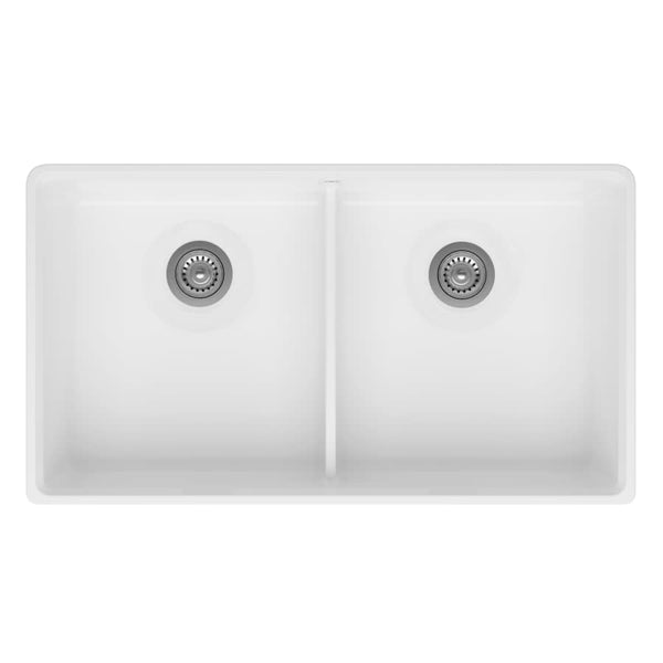 Etre 35-3/4" Farmhouse, Undermount Double Basin Fireclay Kitchen Sink with Basin Rack, and Basket Strainer