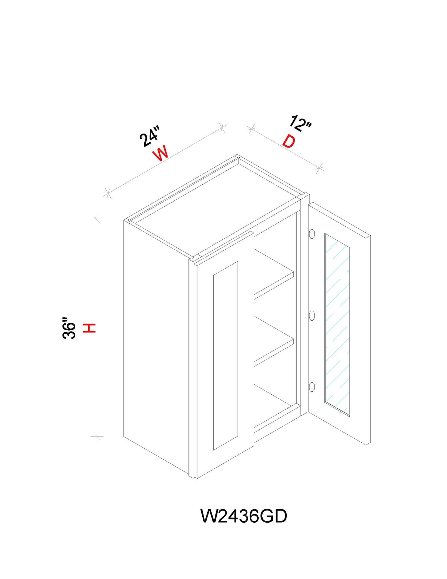 Wall Cabinet - 24"W x 36"H x 12"D Glass Door Only