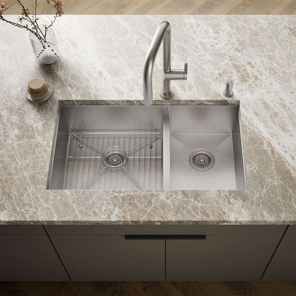 Vault 33" Double Basin Top-Mount/Under-Mount 18-Gauge Stainless Steel Kitchen Sink with SilentShield