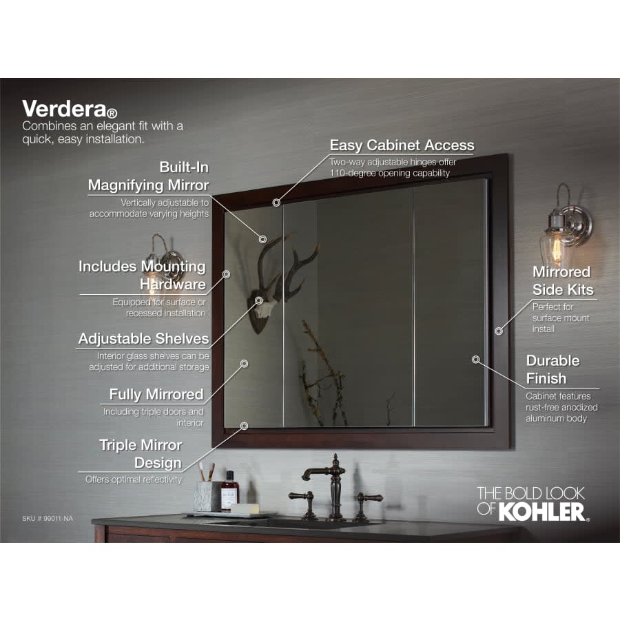 40" x 30" Triple Door Reversible Hinge Frameless Mirrored Medicine Cabinet from the Verdera Collection