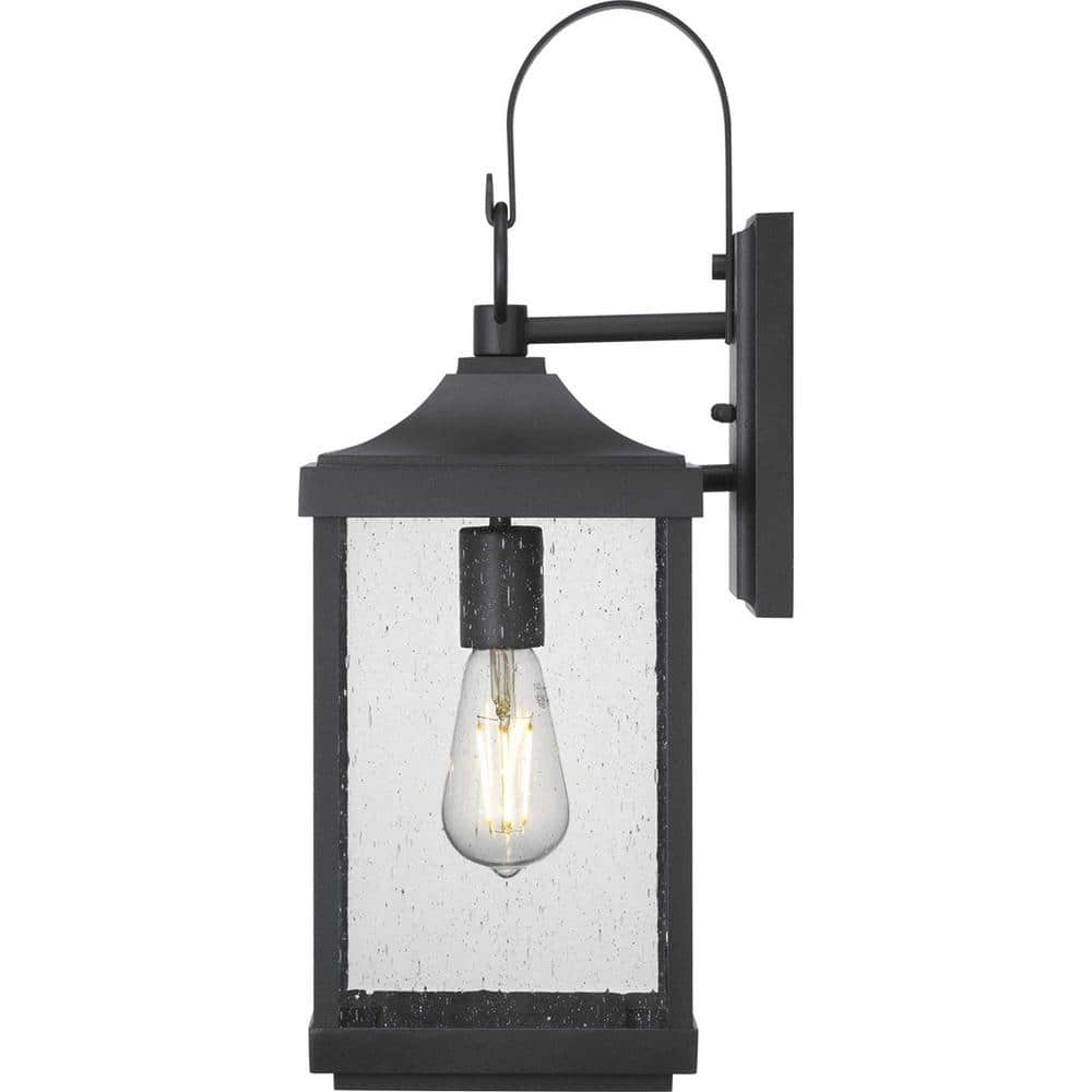 Park Court 19 in. 1-Light Textured Black Traditional Outdoor Wall Lantern with Clear Seeded Glass