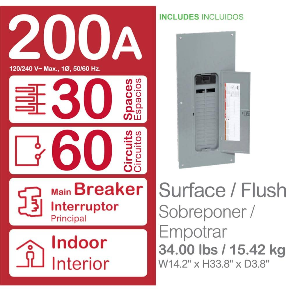 Homeline 200 Amp 30-Space 60-Circuit Indoor Main Breaker Plug-On Neutral Load Center with Cover(HOM3060M200PCVP)