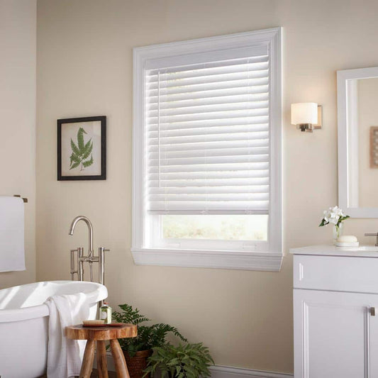 White Cordless Faux Wood Blinds for Windows with 2 in. Slats