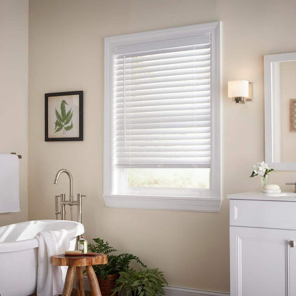 White Cordless Faux Wood Blinds for Windows with 2 in. Slats - 30 in. W x 64 in. L (Actual Size 29.5 in. W x 64 in. L)