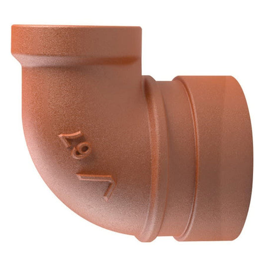 End Run 90 deg Elbow, 1-1/2 x 3/4 in, Groove x FNPT, Ductile Iron, Enamel Painted
