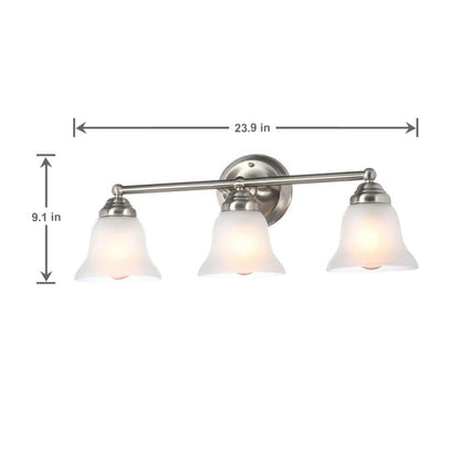 Hampton Bay Ashhurst 3-Light Brushed Nickel Classic Traditional Bathroom Vanity Light with Frosted Glass Shades